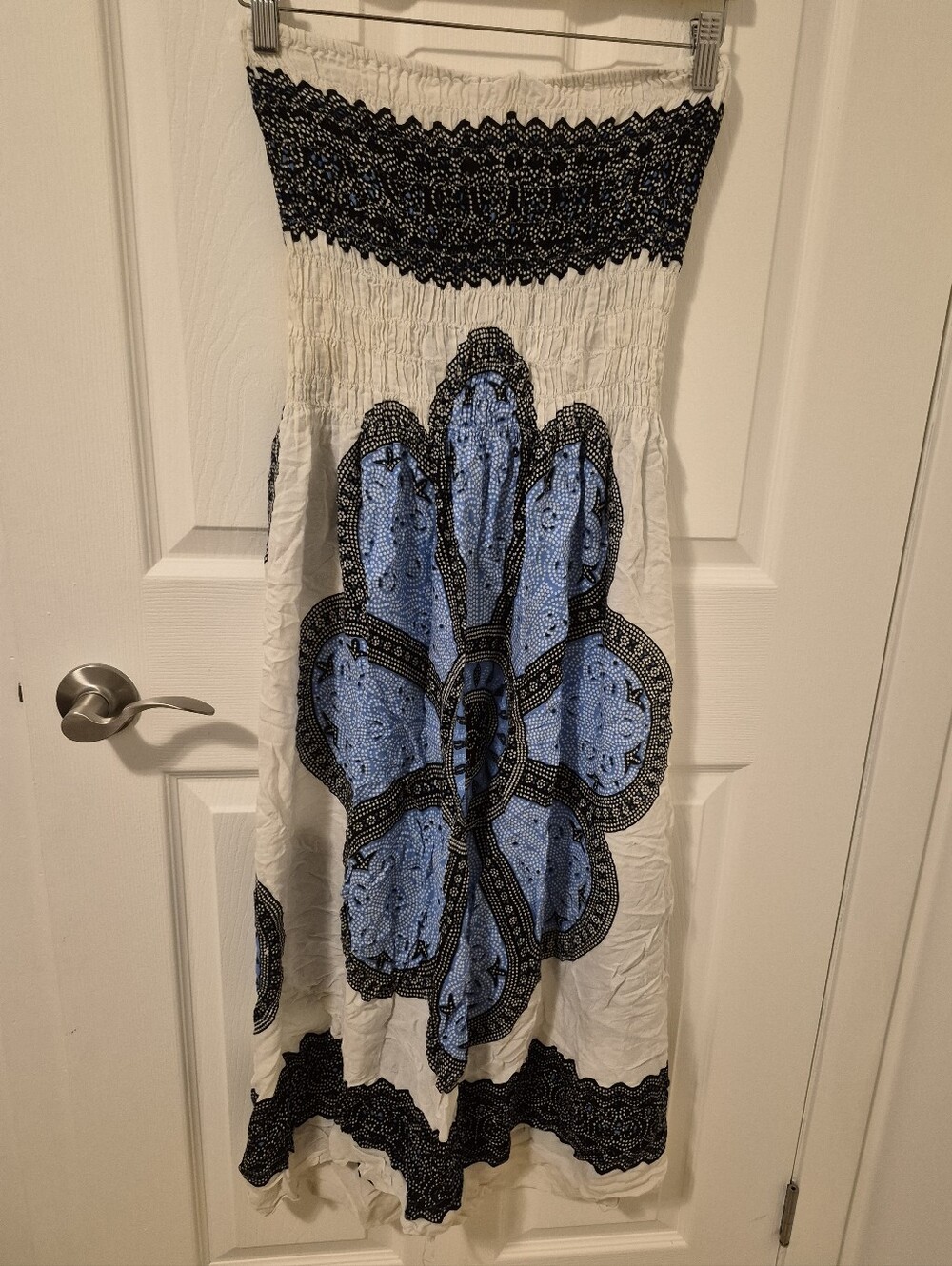 White & Blue Smocked Midi Dress with Paisley Motif